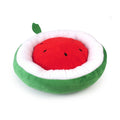 Watermelon-shaped pet bed with red plush fruit, green sides, and white fluffy rim
