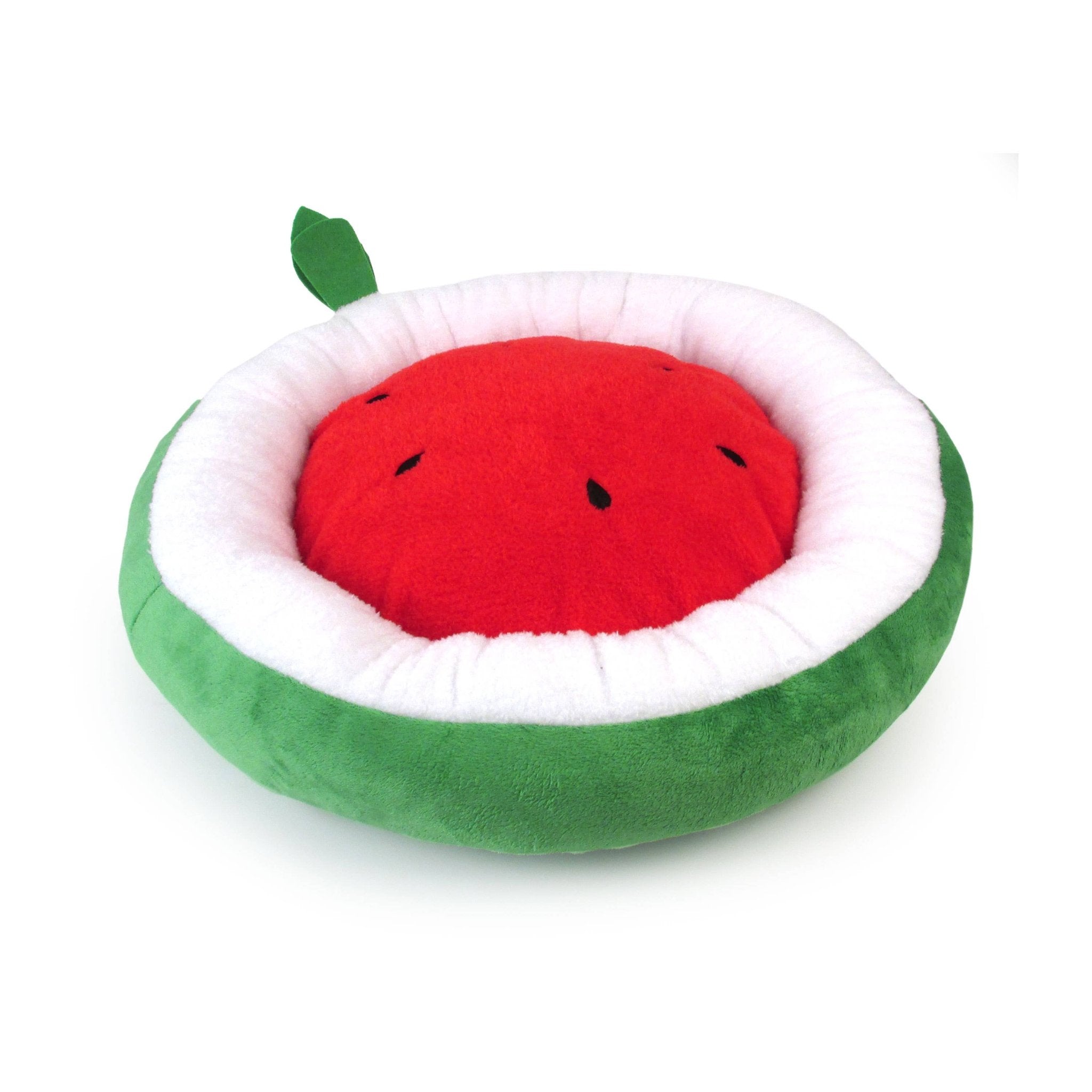 Watermelon-shaped pet bed with red plush fruit, green sides, and white fluffy rim