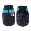 Blue waterproof thermal dog vest with black body, high collar, and zip front