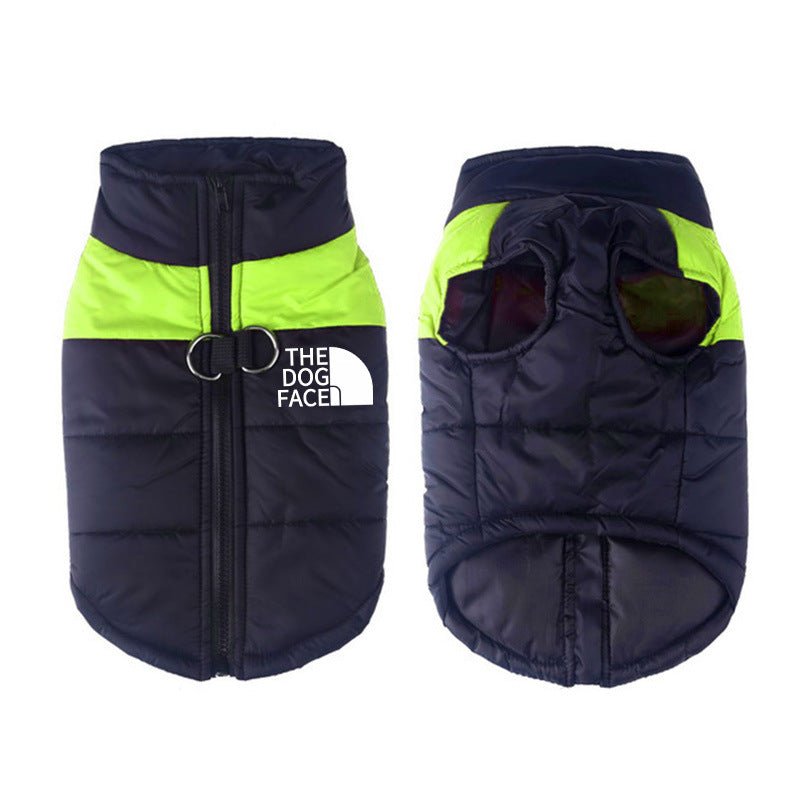 Fluorescent green and black waterproof thermal dog vest with zip front and high collar