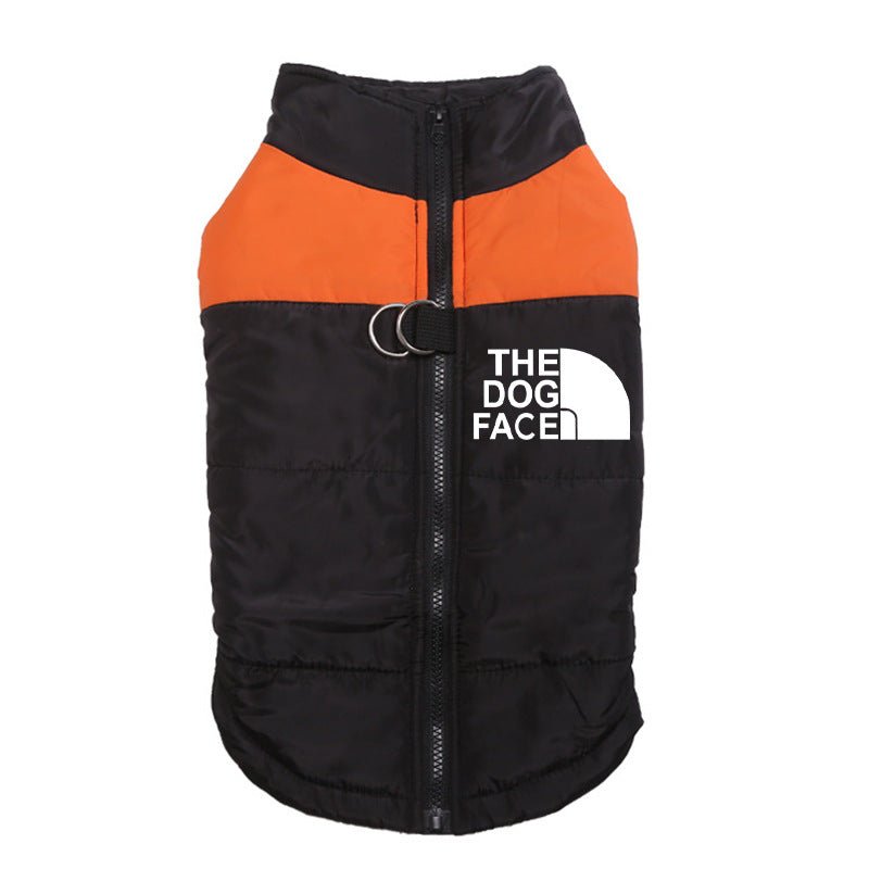 Orange and black waterproof dog winter thermal vest with front zipper and tag clip