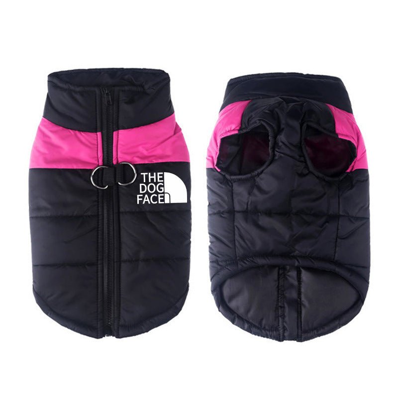 Pink and black waterproof thermal dog coat with front zipper and high neck
