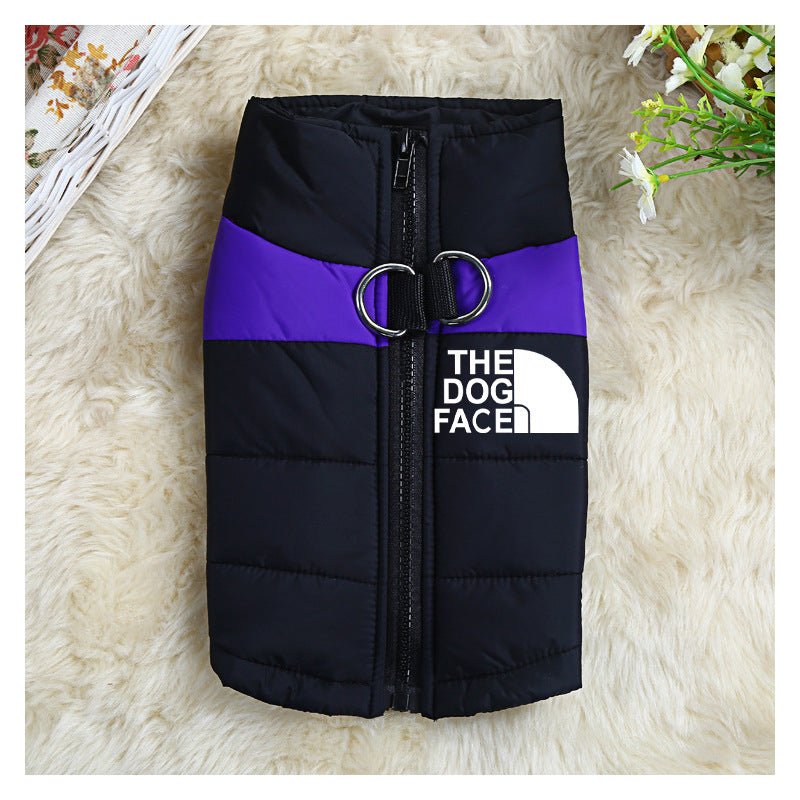 Purple and black waterproof thermal dog vest with full zipper and high neck