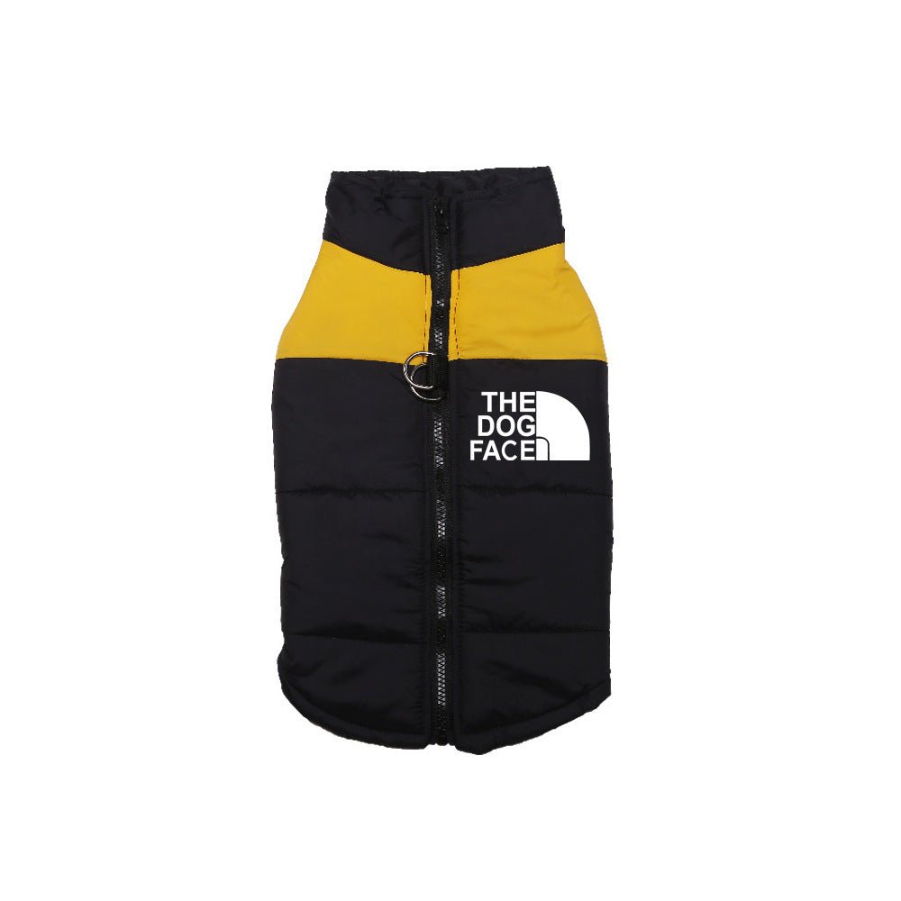 Yellow and black waterproof thermal dog vest with front zipper and high collar