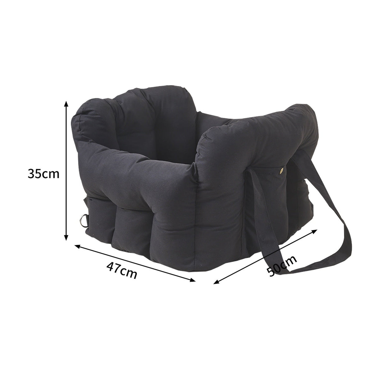 Pet safety seat bed in dark gray with padded bolsters, rounded headrest, and side carry strap