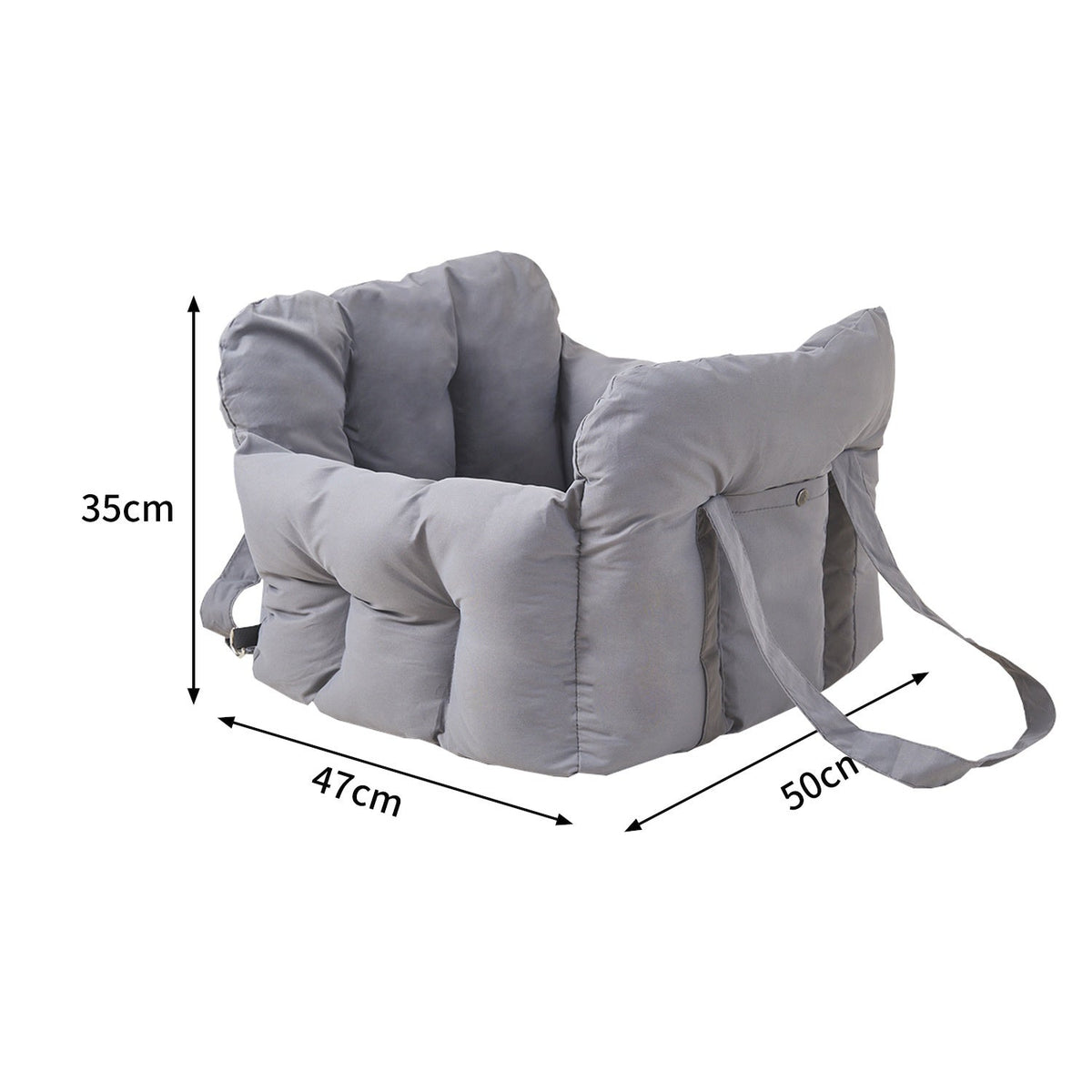 Pet safety seat bed in gray with padded sides, rounded headrest, and attached shoulder strap