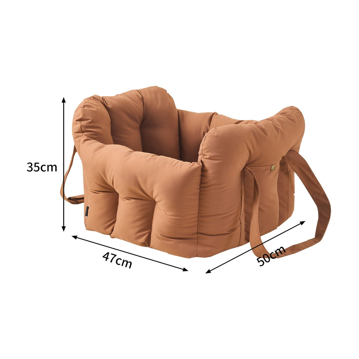 Pet safety seat bed in tan with thick padded cushions, bolstered sides, and side carry strap