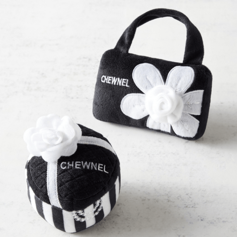 Plush dog toy set: CHEWNEL handled pouch with white flower and striped squeak ball