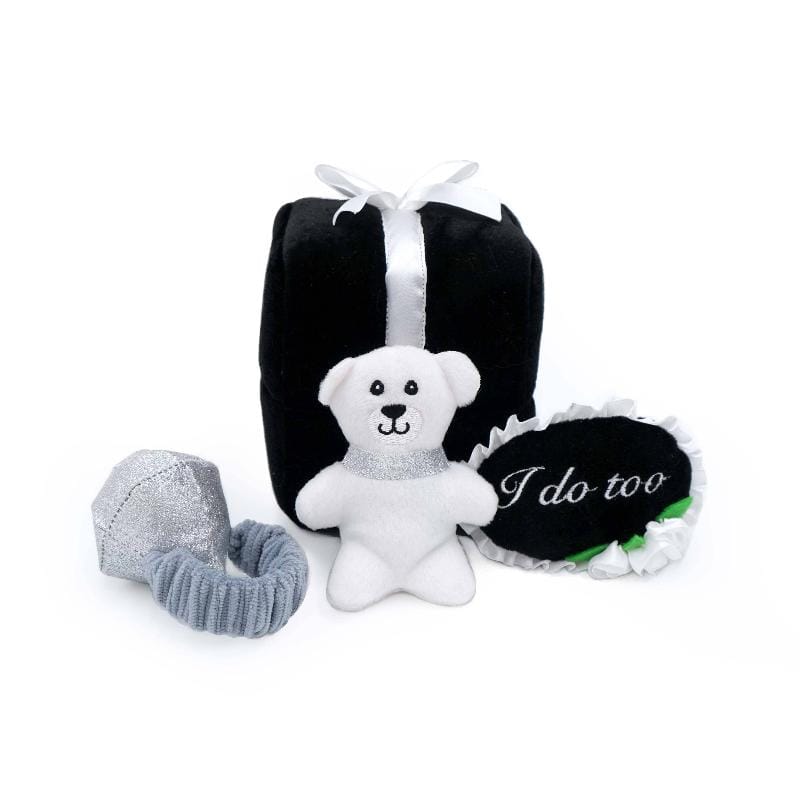 Plush dog toy set with black burrow box, white bear plush, gray rope chew, ring