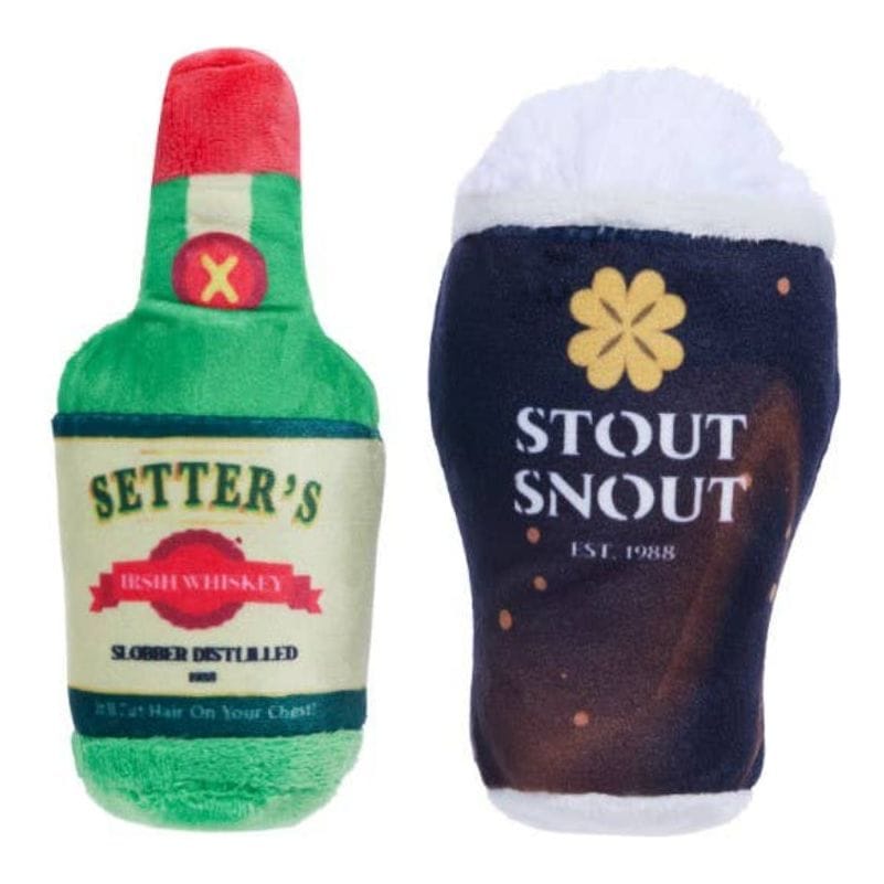 St. Patrick's Day plush dog toy set: green bottle and dark beer can with foam tops