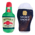 St. Patrick's Day plush dog toy set: green bottle and dark beer can with foam tops