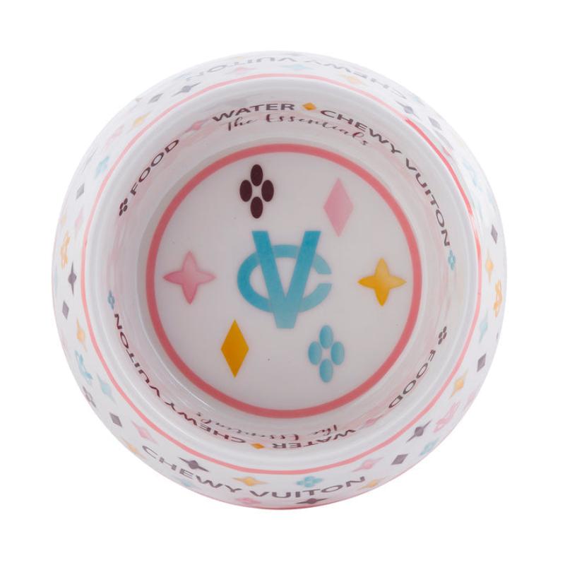 White pet bowl top view with “WATER/CHEWY VUITON” text and multicolor icons