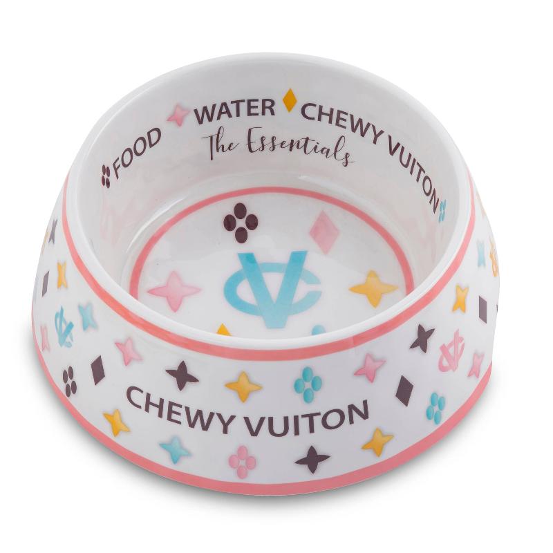 White pet bowl with colorful border and “FOOD/WATER CHEWY VUITON” logo
