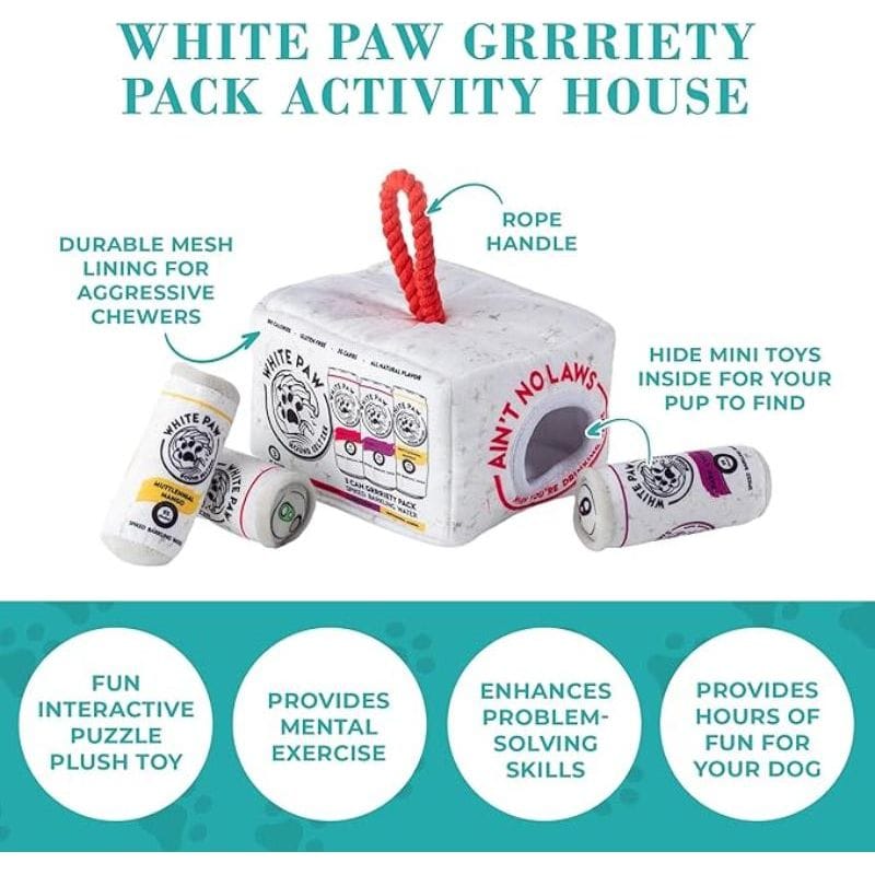 White plush dog activity house toy with red rope handle and hidden mini rope toys