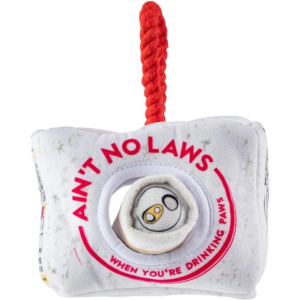 White plush dog activity house toy with red ring squeaker and red rope handle