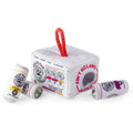 White plush interactive dog activity house toy with red rope handle and two mini toys