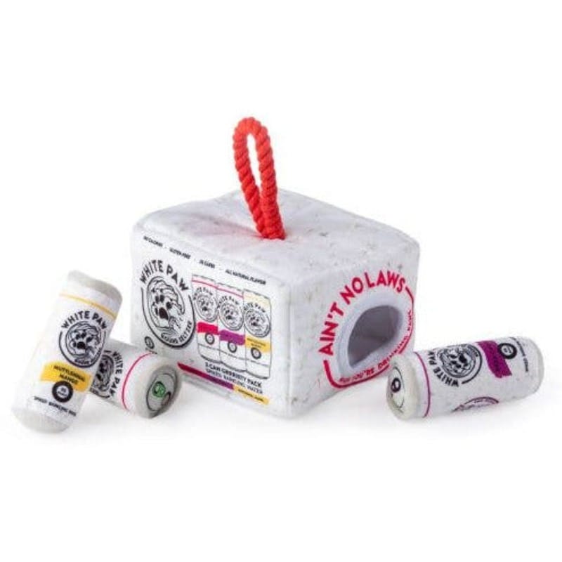White plush interactive dog activity house toy with red rope handle and two mini toys