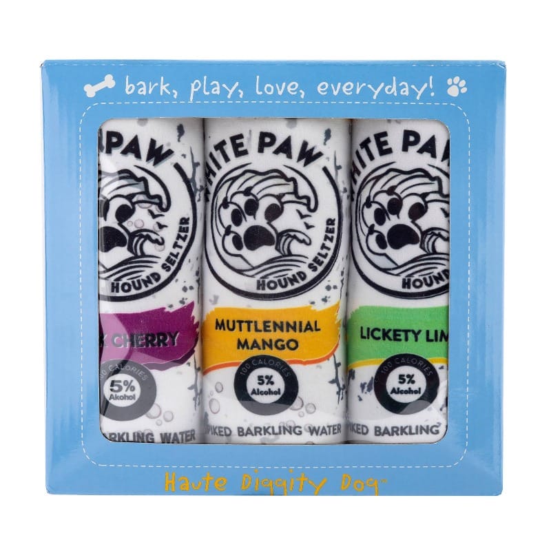 3-pack seltzer-style dog toys in blue box, three paw-themed can designs