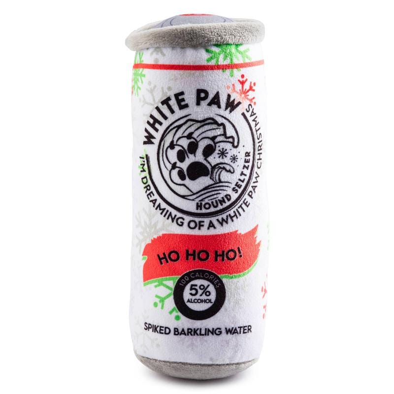 White plush dog toy shaped like a holiday can, with smiling paw print and HO HO HO text