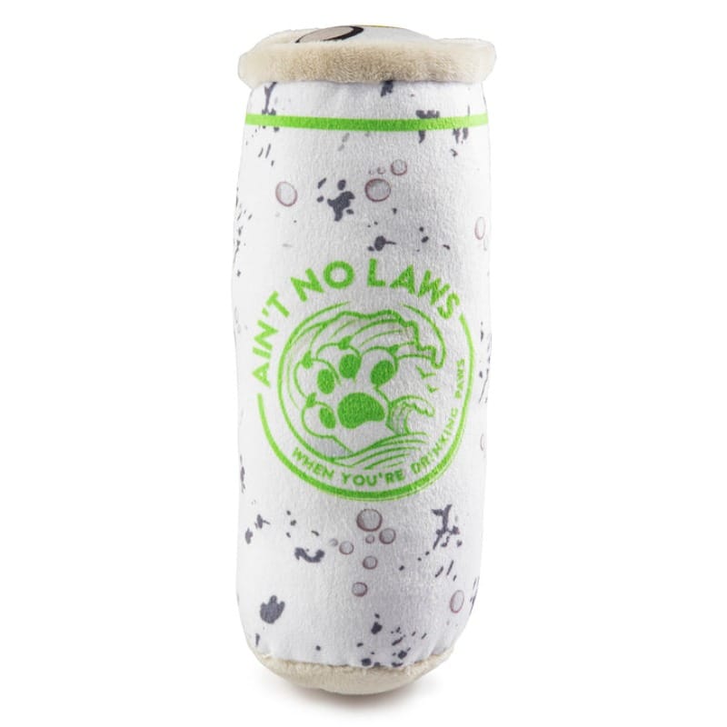 White plush dog squeak toy cylinder with green paw print text and speckled pattern