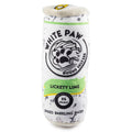 White plush dog squeak toy shaped like a lime-flavored drink with paw logo