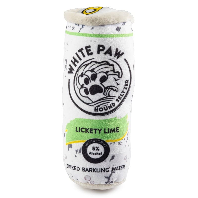 White plush dog squeak toy shaped like a lime-flavored drink with paw logo
