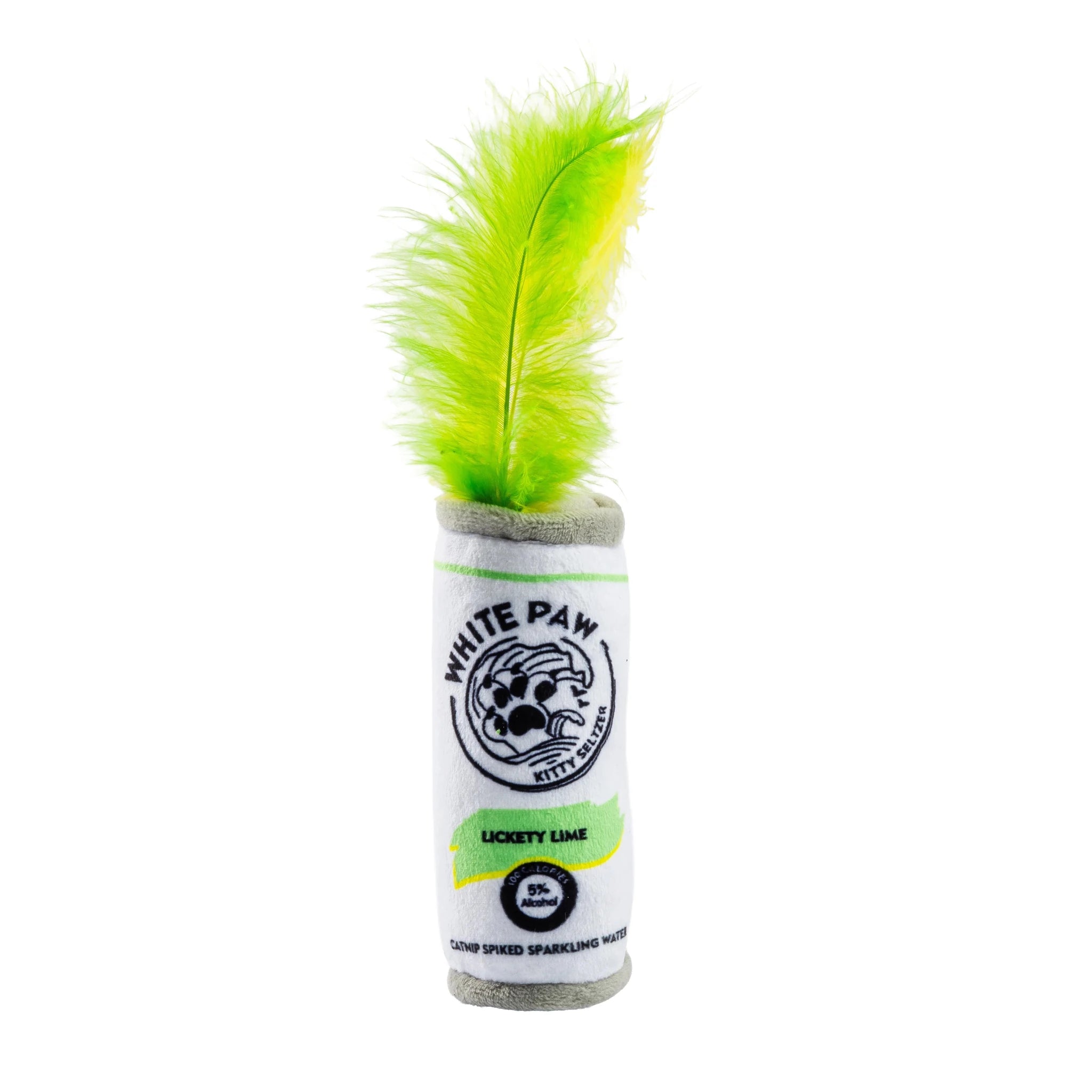 Organic catnip toy with lime green feather wand and gray plush sleeve