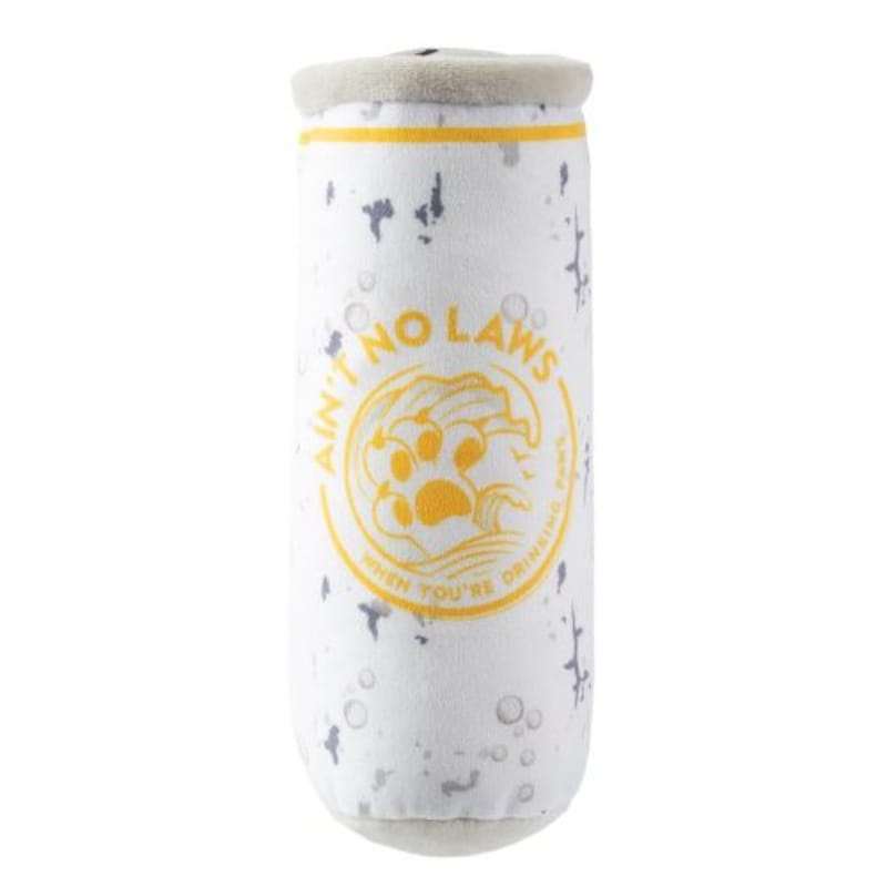 Plush squeaky dog toy shaped like a white mango drink can with 'No Laws' back label