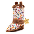 Plush cowboy boot dog toy with colorful Western pattern and plush star