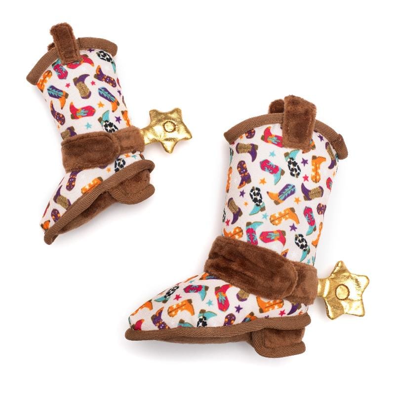 Pair of plush cowboy boot dog toys with colorful Western pattern and gold star tags