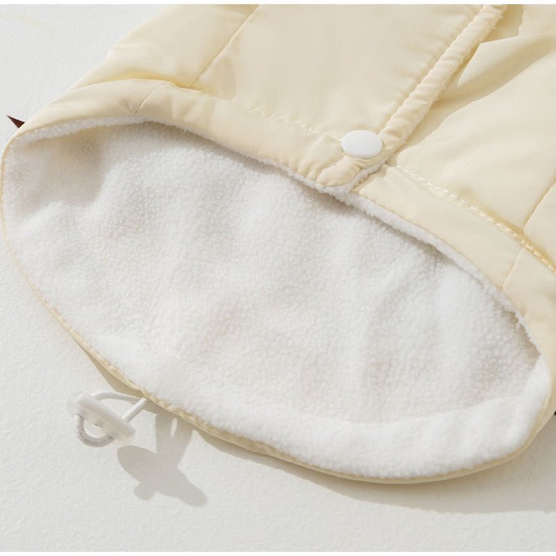 Cream fleece-lined dog vest with front opening and drawstring toggle