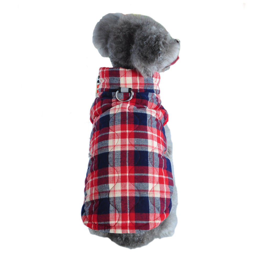 Red plaid dog puffer jacket with hood and zipper front, thick quilted padding