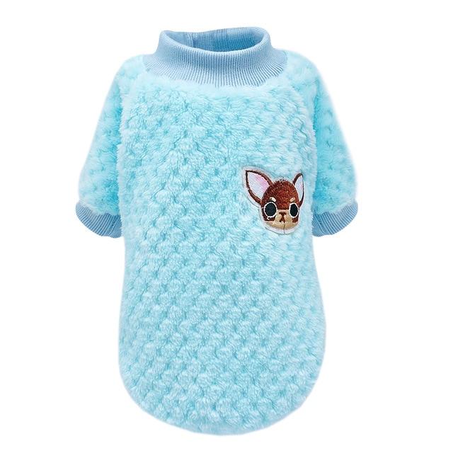 Blue knitted pet sweater with turtleneck and cartoon dog logo patch