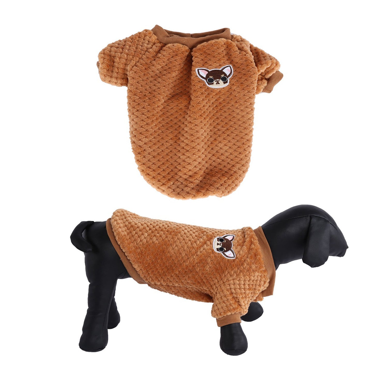 Brown knitted dog coat with turtleneck and cartoon dog logo patch, on black dog model