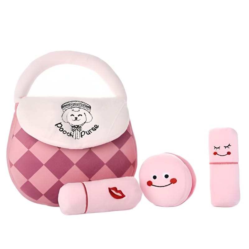 Pink plush dog handbag with diamond pattern, plus round and cylindrical toy pieces