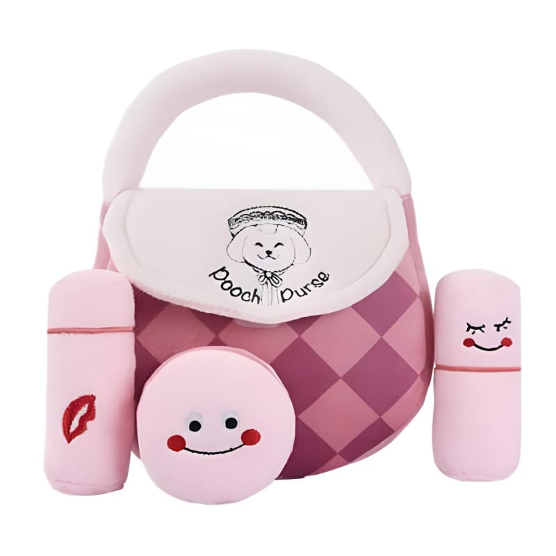 Pink plush dog handbag with embroidered bear patch, diamond body, and two cylindrical toys
