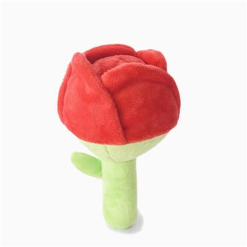 Red rose-shaped plush squeak ball with green stem, soft dog toy