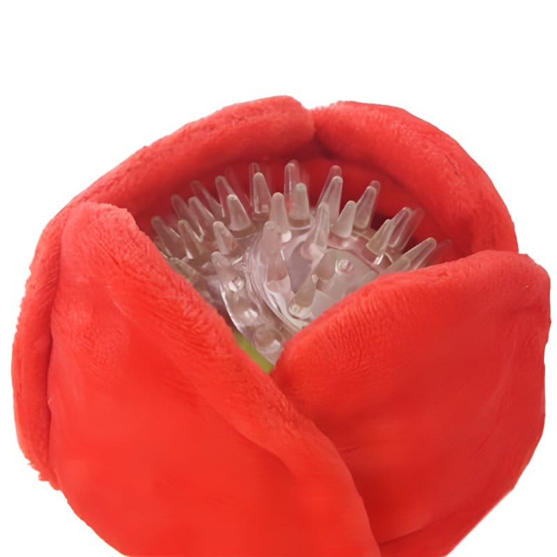 Red plush squeak ball with spiky white underside detail, dog toy