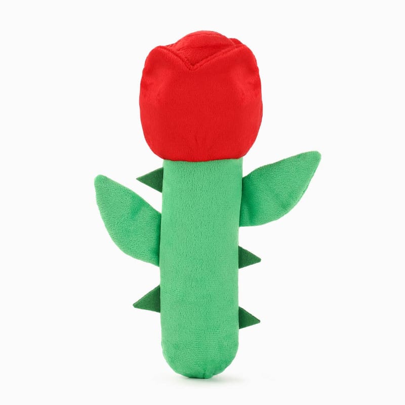 Rose-shaped plush dog toy with red top, green stem, and three green side leaves