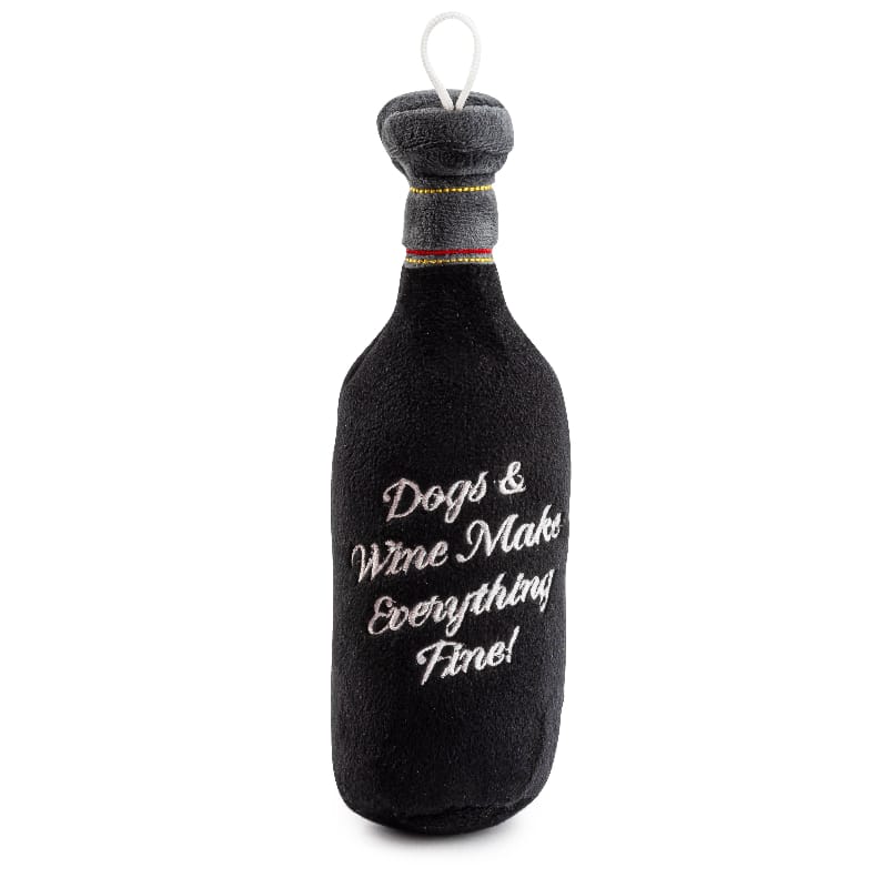 Black plush dog bottle toy with “Dogs & Wine Make Everything Taste!” text and loop