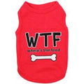 Red dog t-shirt with 'WTF' and 'where's the food' text plus white bone graphic