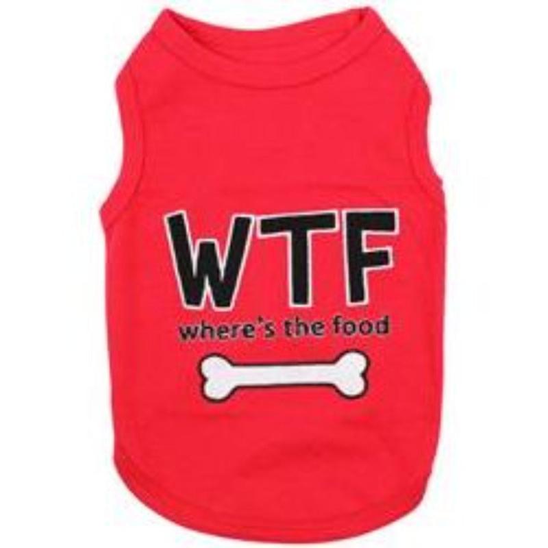 Red dog t-shirt with 'WTF' and 'where's the food' text plus white bone graphic