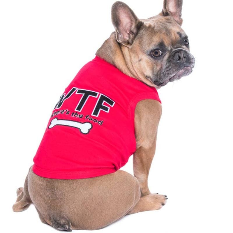 Red dog t-shirt worn by French bulldog, featuring 'WTF' and bone logo