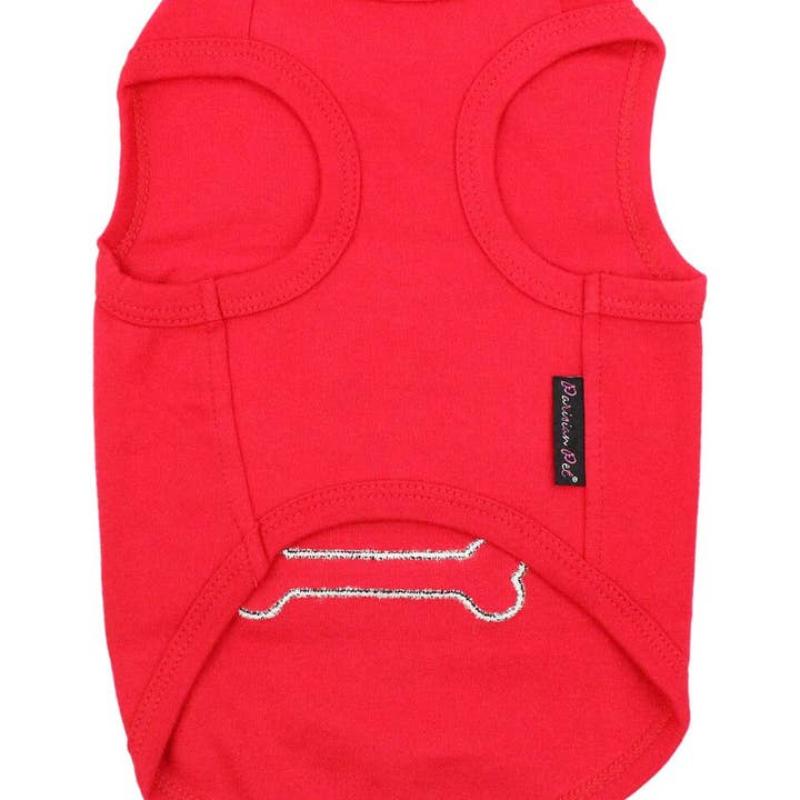 Red dog t-shirt close-up with curved stitched panels and small vertical brand tag