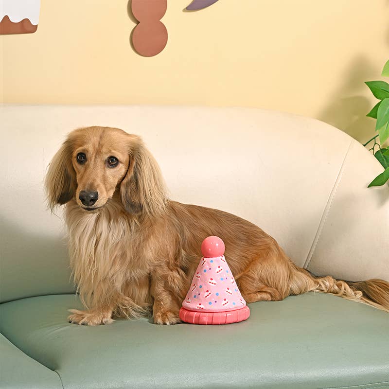 Yappy Birthday Pink Party Hat TPR Rubber Dog Toy Fursace Luxury Dog Plush Toy - Red Squeaky | Cookies Wagging Friends Boutique Cookies Wagging Friends Boutique