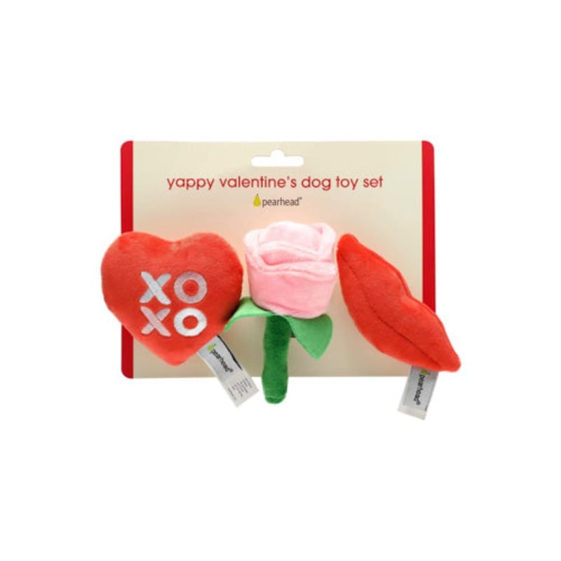 Plush squeaky dog toy set, heart and lips with bow-topped pink piece (3-pack)