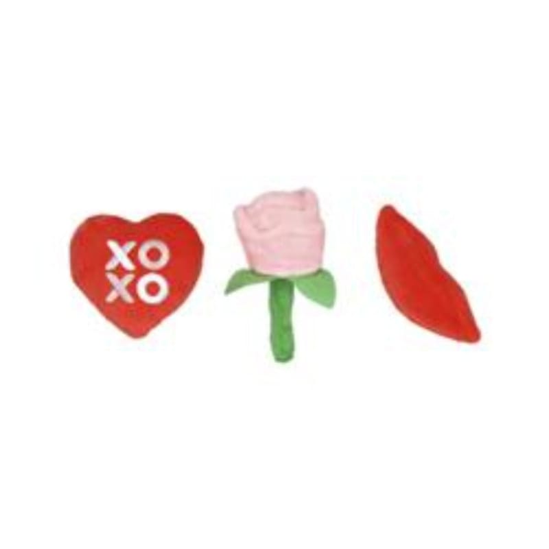 Plush squeaky dog toy set: red XO heart, green-bowed pink piece, red lips (3-pack)