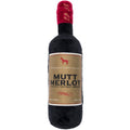 Plush dog toy bottle with black body, burgundy cap, and MUTT MERLOT label