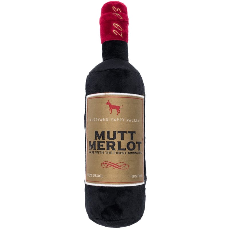 Plush dog toy bottle with black body, burgundy cap, and MUTT MERLOT label