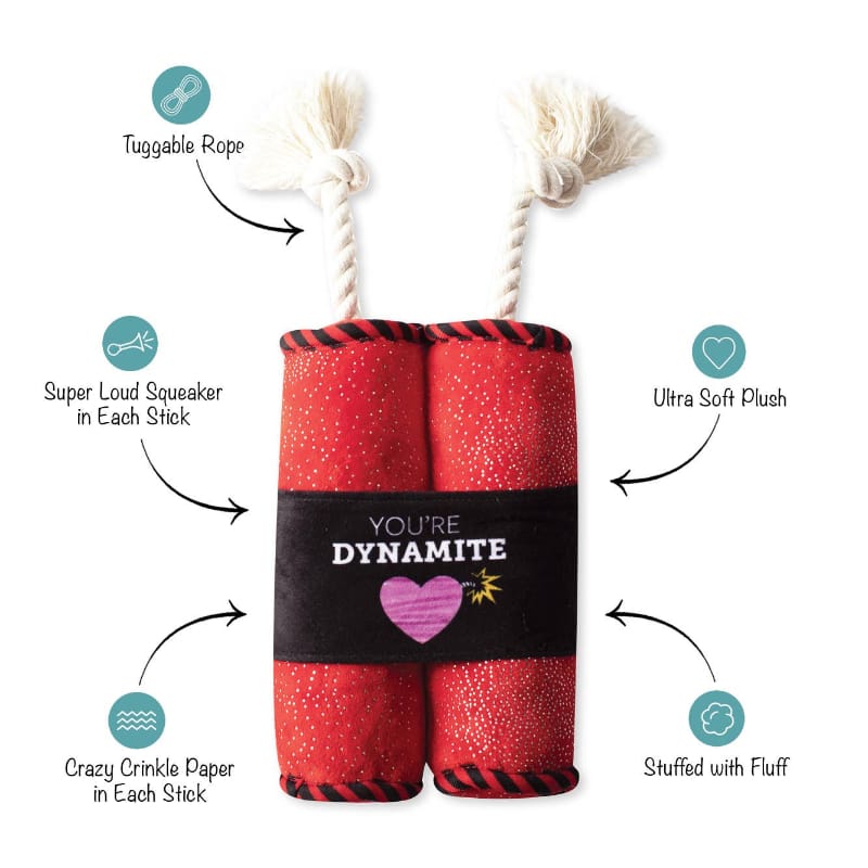 Plush dynamite dog toy with rope tug handles, ultra-soft fill and built-in squeaker